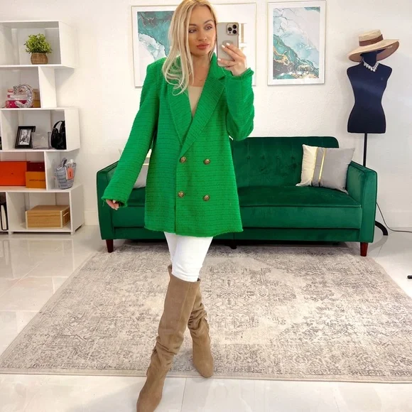 Zara Tweed Green Double Breasted Jacket - Picture 5 of 7